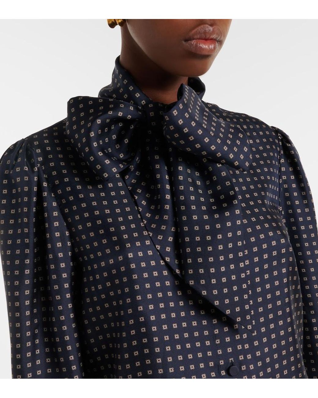 Saint Laurent Blue Printed Tie-Neck Silk Crepe De Chine Blouse