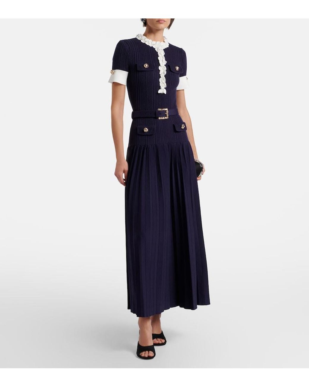Self-Portrait Blue Belted Ribbed-Knit Midi Dress