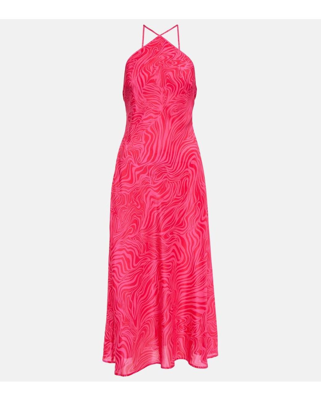 Rixo Pink Opal Silk Halterneck Midi Dress