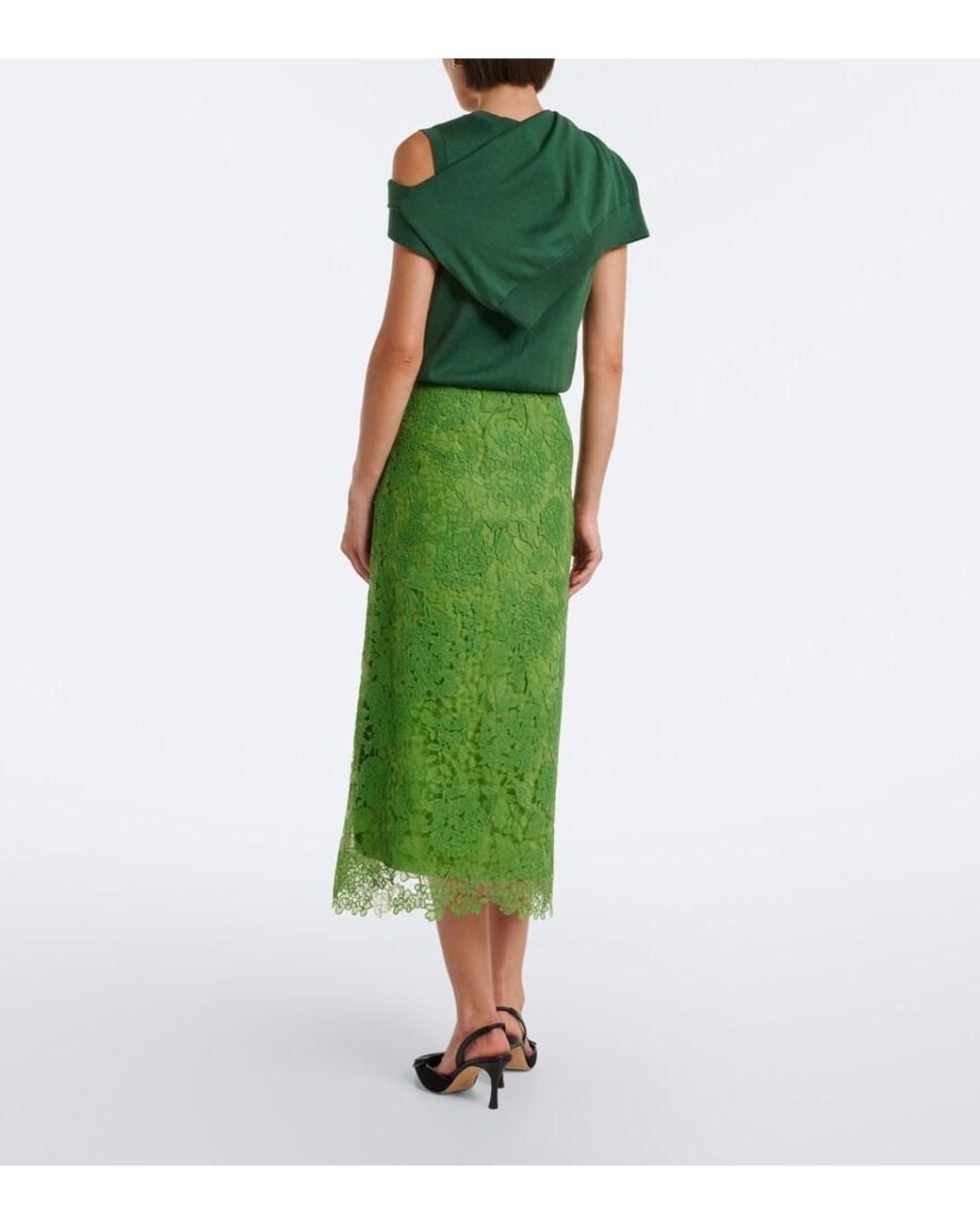 Carolina Herrera Green Floral Lace Midi Skirt