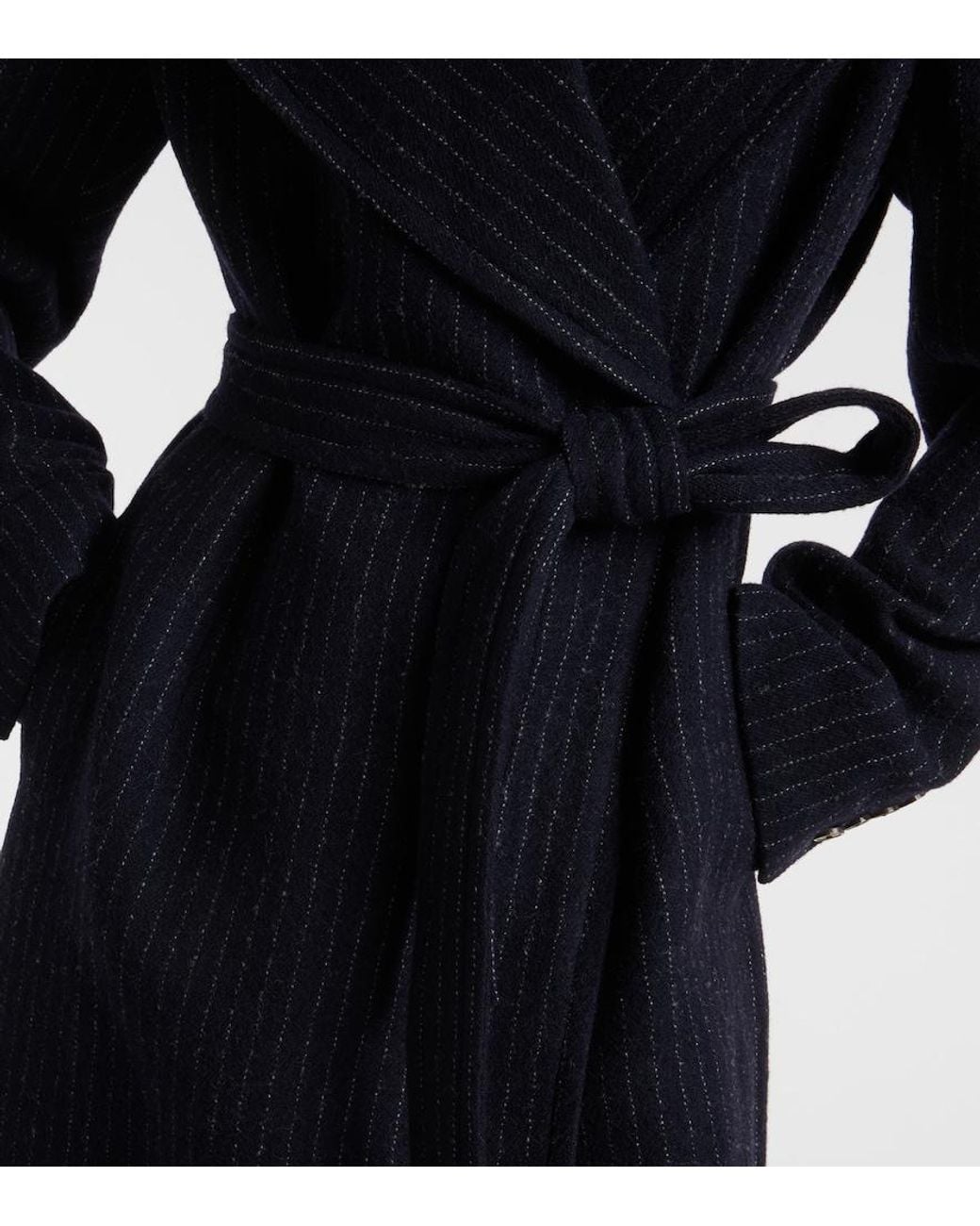 Dries Van Noten Black Belted Pinstriped Wool Coat