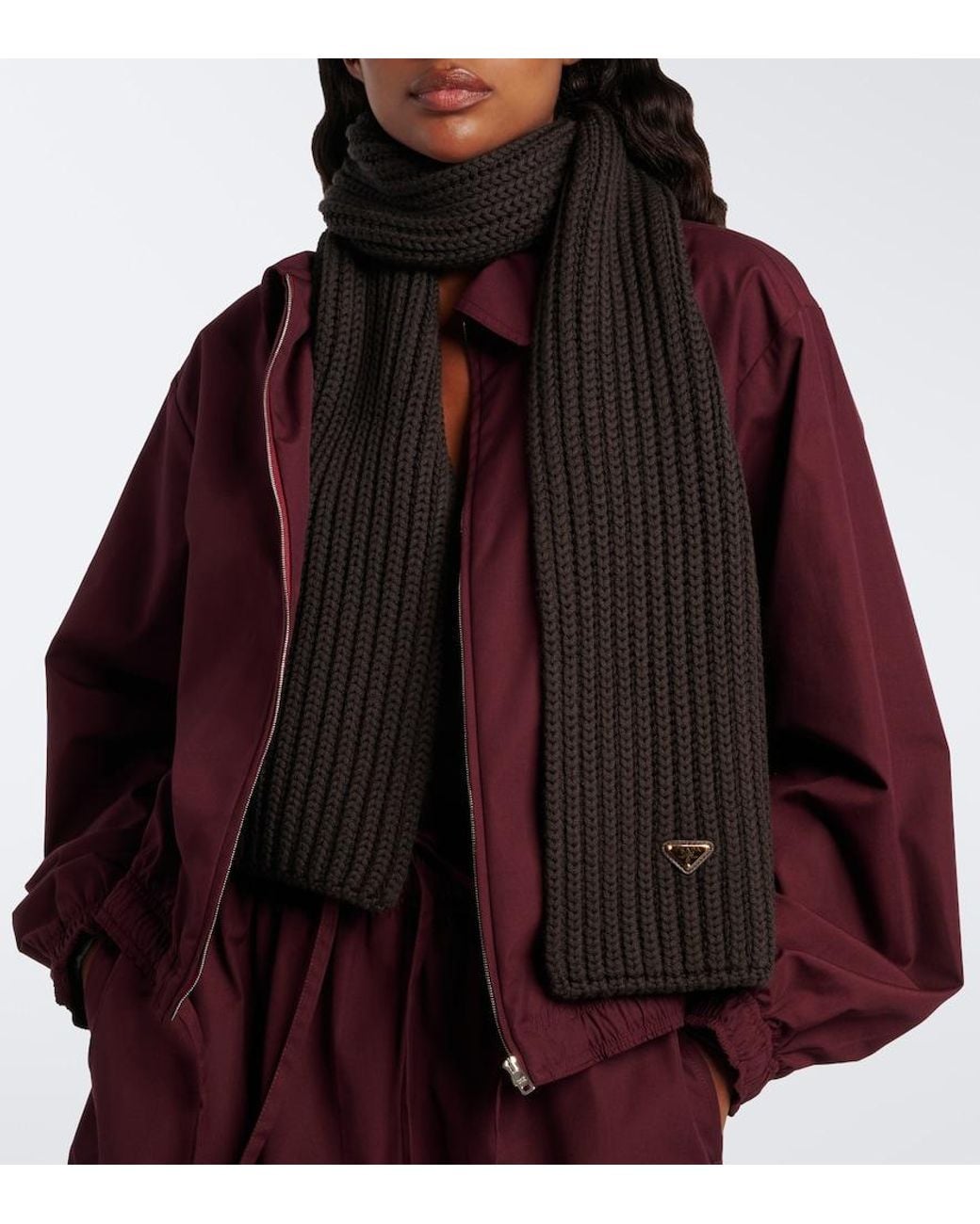 Prada Black Ribbed-Knit Virgin Wool Scarf