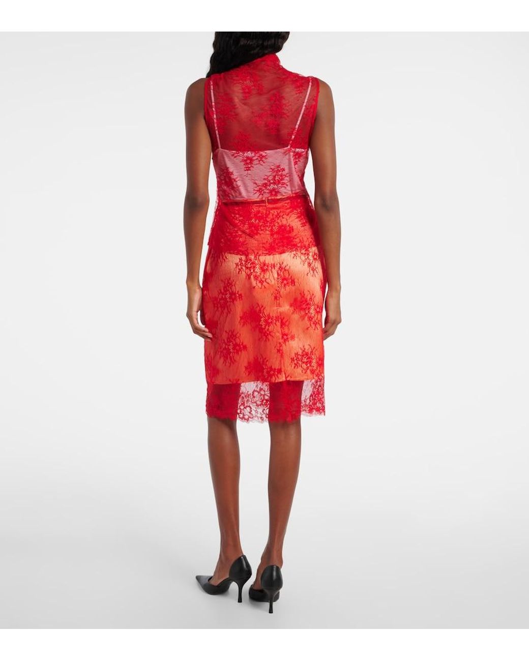 JACQUES WEI Red Tie-Neck Silk-Trimmed Lace Top