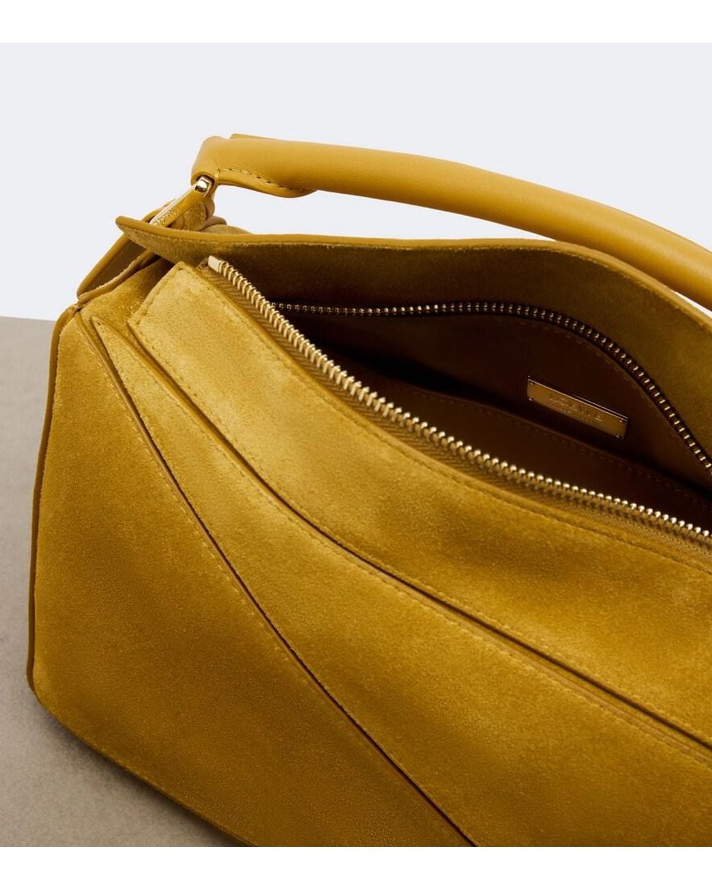 Loewe Yellow Featherlight Puzzle Small Suede Top-Handle Bag