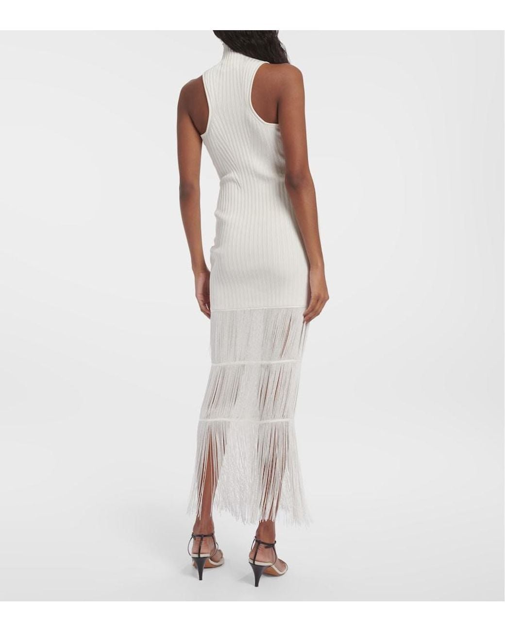 Khaite White Zare Fringed Ribbed-Knit Maxi Dress