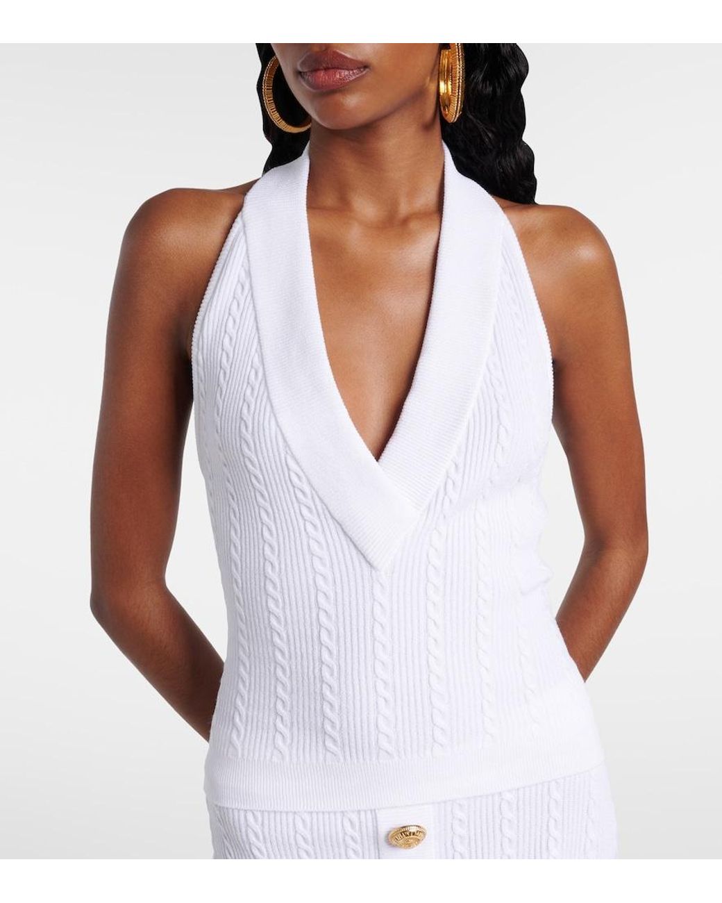 Balmain White Cable-Knit Halterneck Top