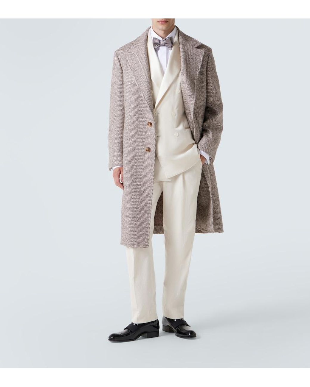 Brunello Cucinelli Brown Herringbone Wool And Alpaca-Blend Overcoat for men