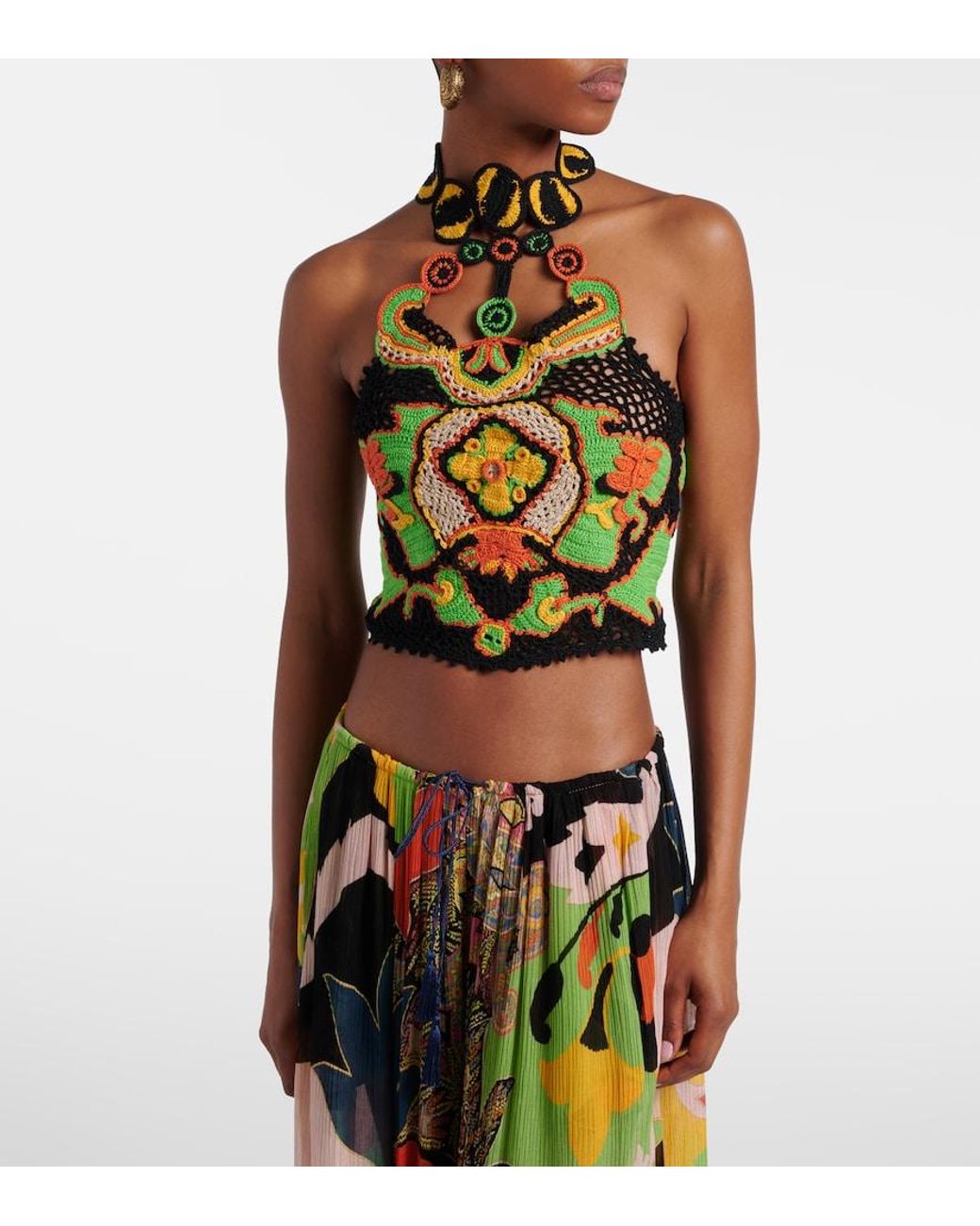 Etro Green Floral Crochet Cotton Crop Top