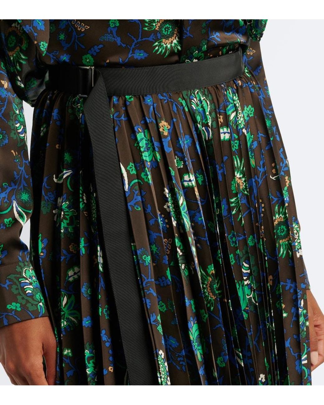 Sacai Green Floral Plisse Midi Skirt