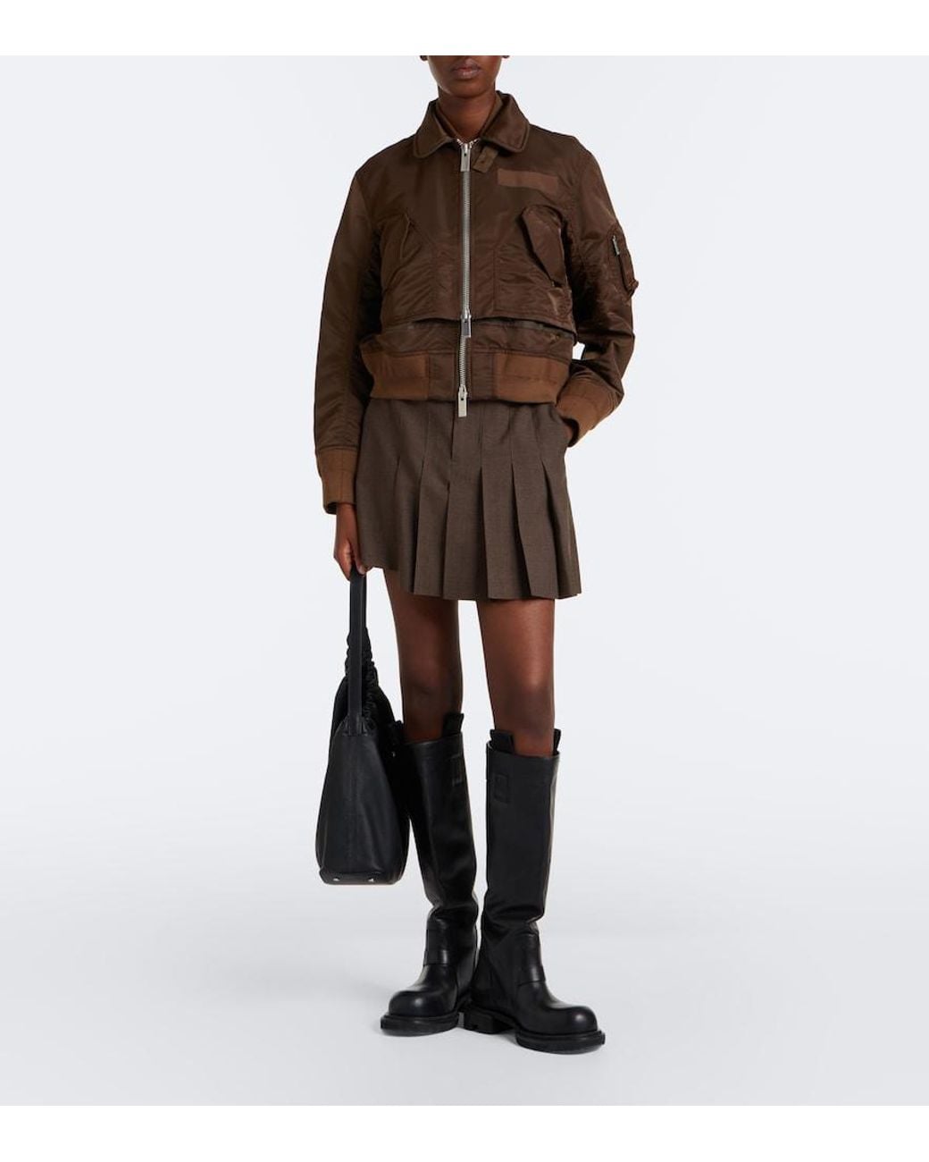 Sacai Brown Pleated Asymmetric Wool Skort