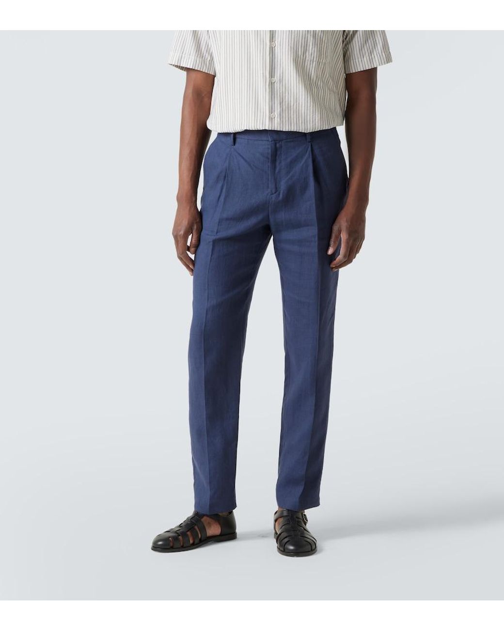 Sunspel Blue Pleated Linen Straight Pants for men