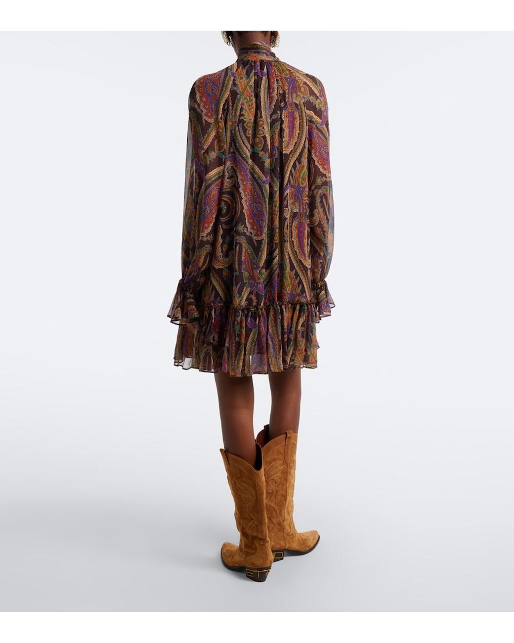 Etro Brown Paisley Tie-Neck Silk Minidress
