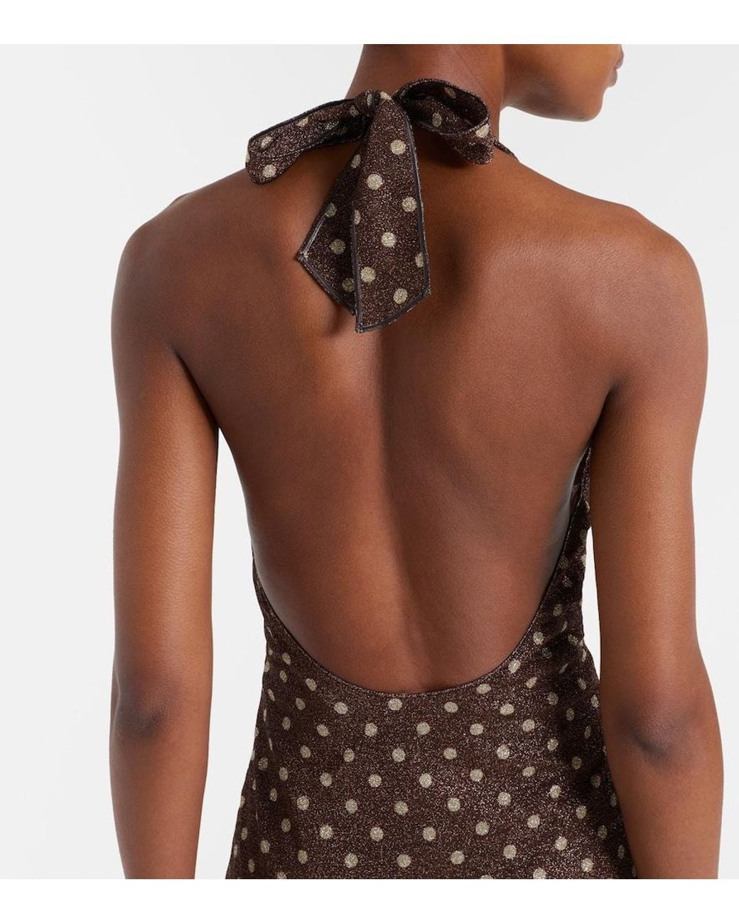 Oseree Brown Lumiere Polka-Dot Halterneck Maxi Dress