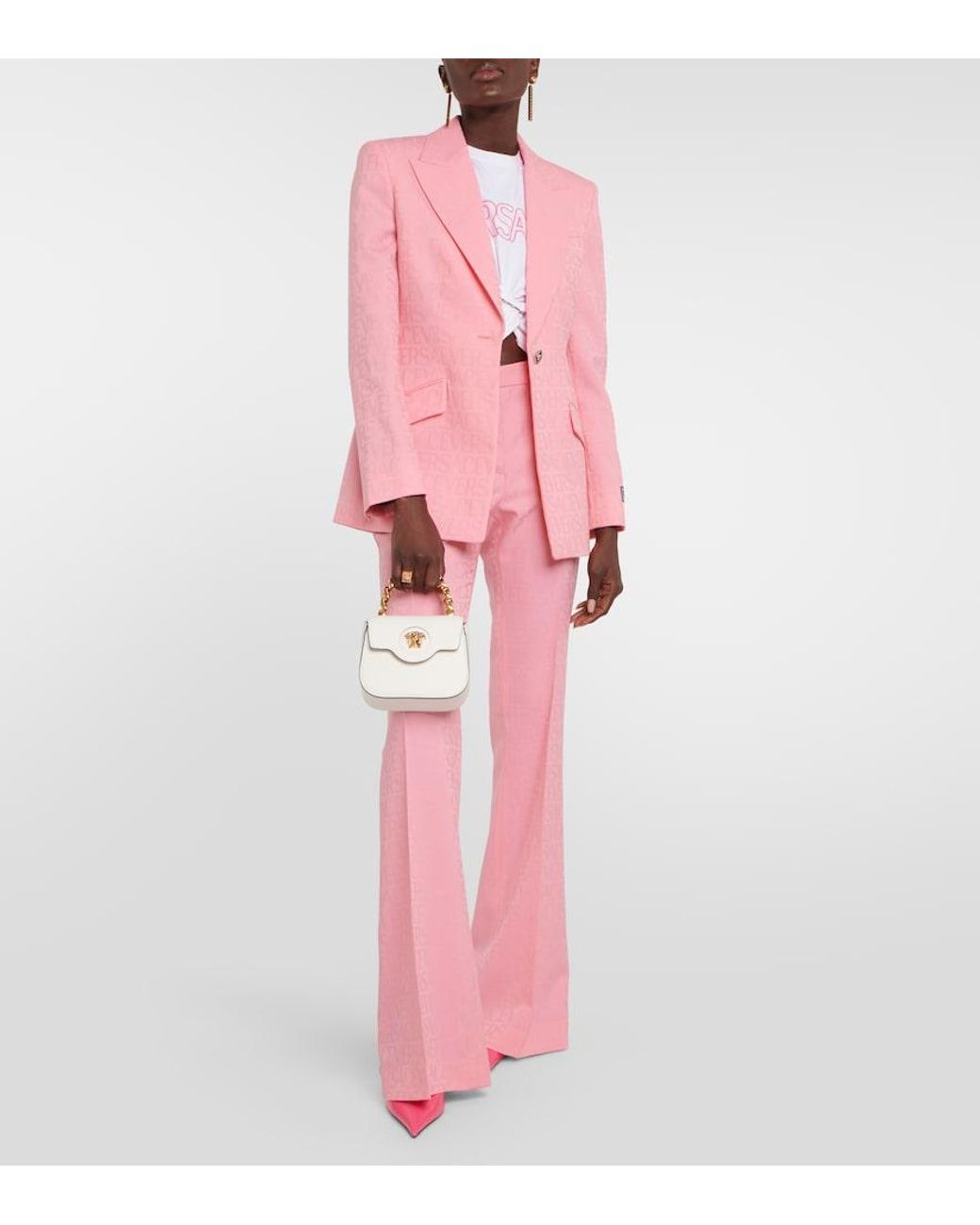 Versace Pink Allover Flared Wool Pants