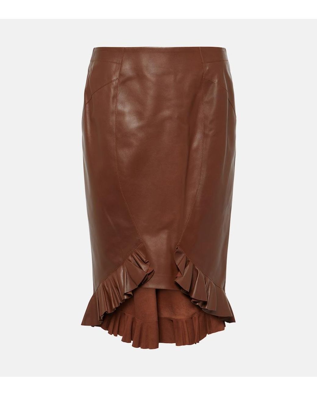Tom Ford Brown Ruffled Leather Midi Skirt