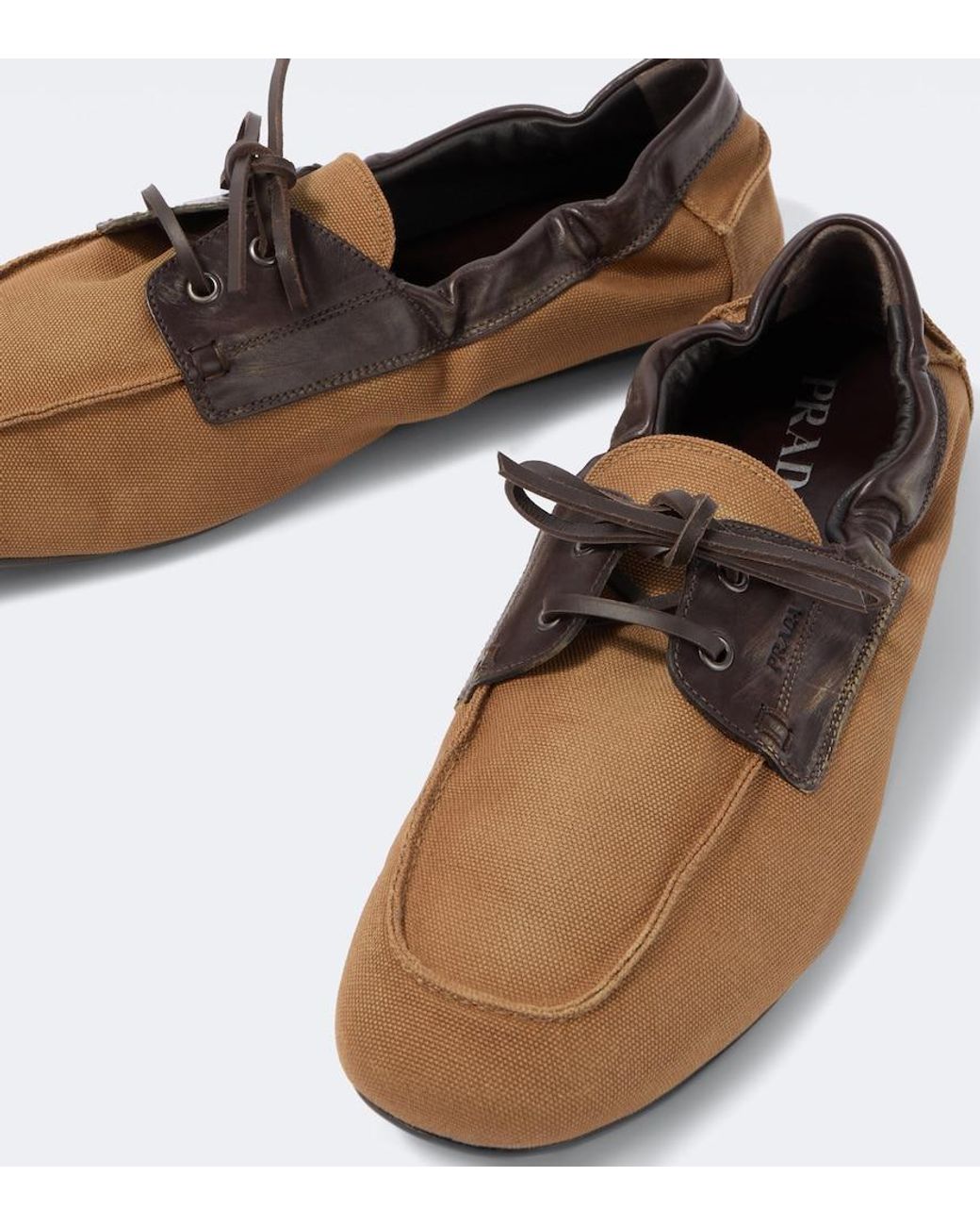 Prada Brown Shuffle Leather-Trimmed Canvas Boat Shoes for men