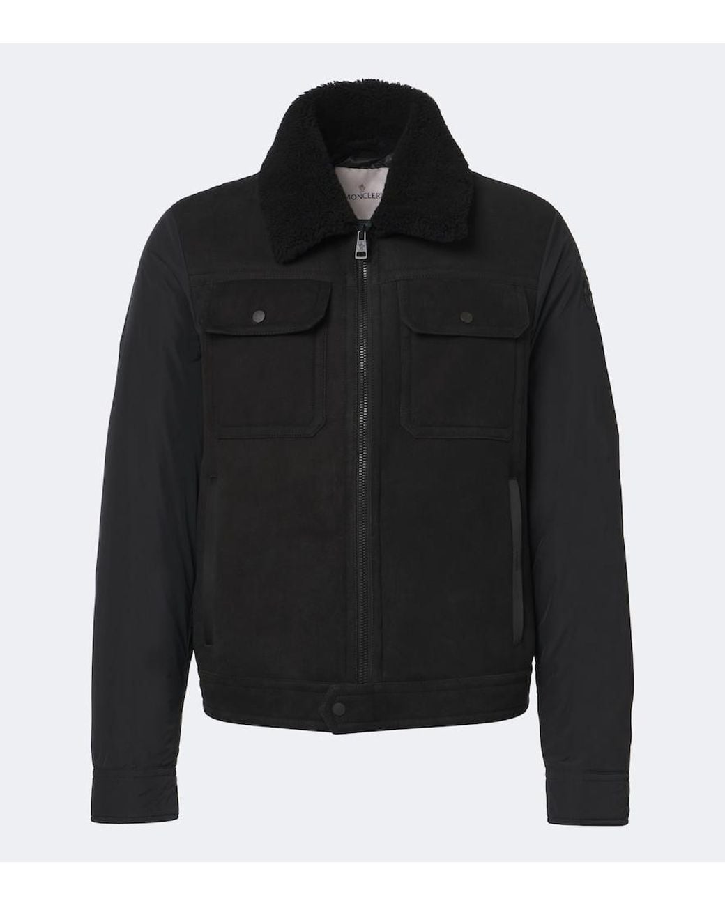 Moncler Black Shearling-Trimmed Suede Down Jacket for men