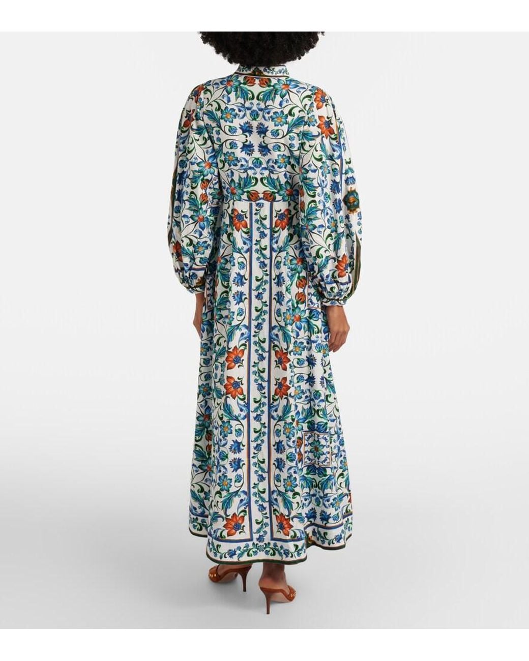 Farm Rio Blue Maxi FARM Rio Flora Tile Linen-Blend Maxi Dress in Blue | Lyst