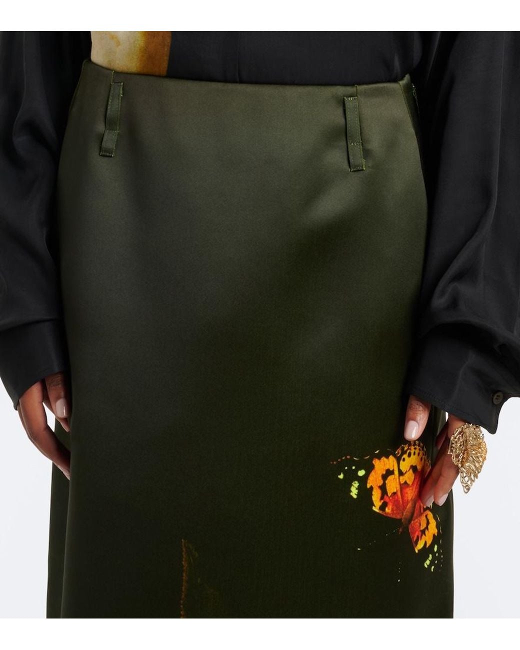 Dries Van Noten Black Printed Satin Midi Skirt