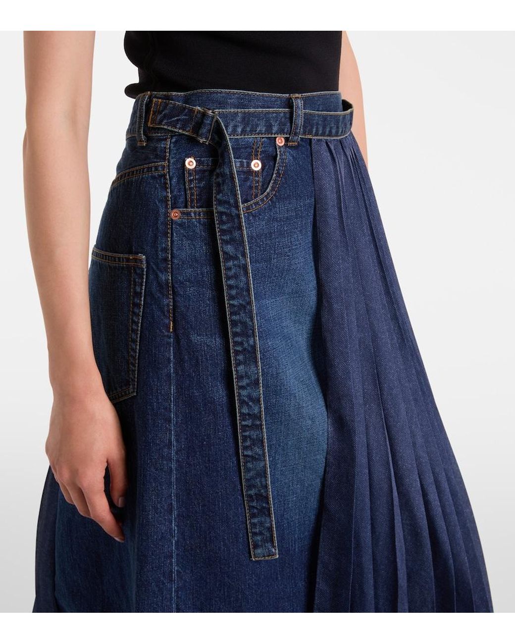 Sacai Blue Pleated Denim Midi Skirt