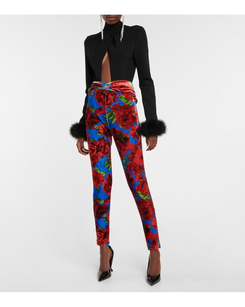 Magda Butrym Red Floral Velvet Leggings