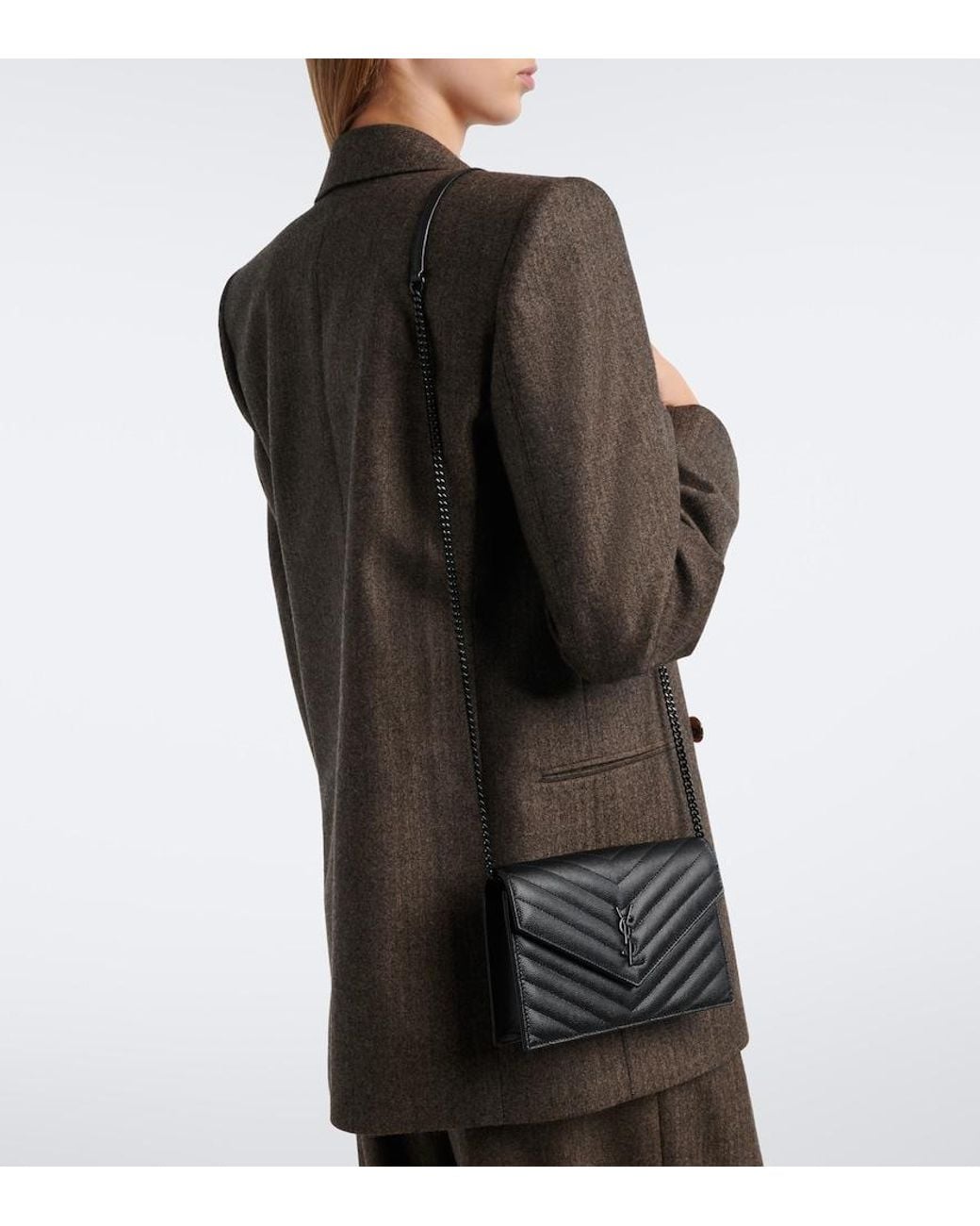 Saint Laurent Black Cassandre Envelope Leather Wallet On Chain