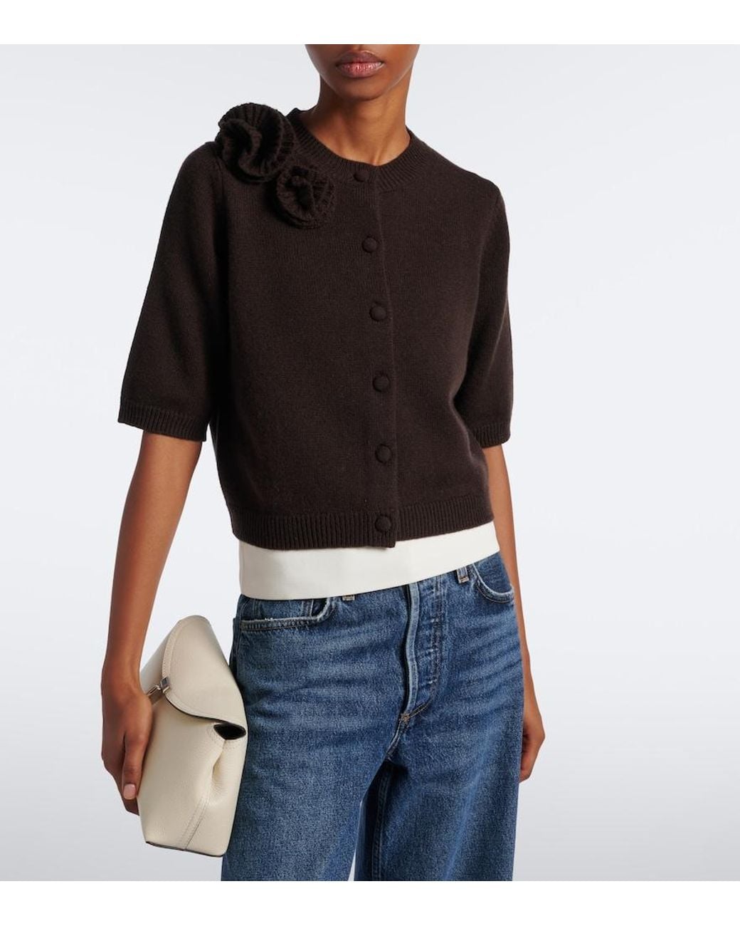 Jardin Des Orangers Black Floral-Applique Wool And Cashmere Cardigan