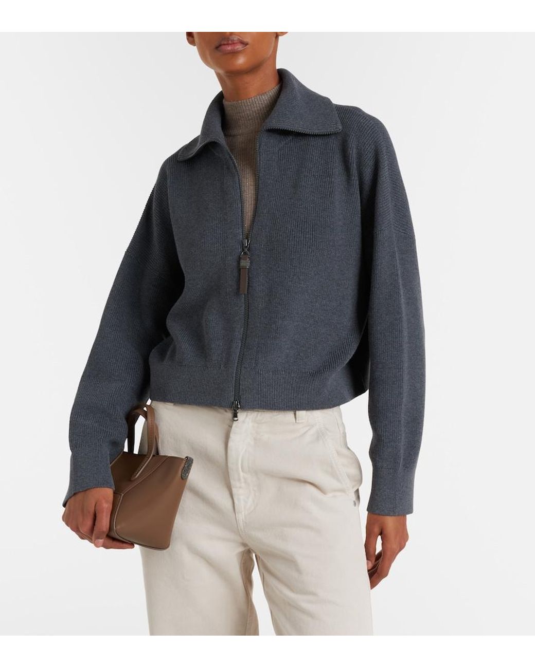 Brunello Cucinelli Gray Cotton Zip-Up Cardigan