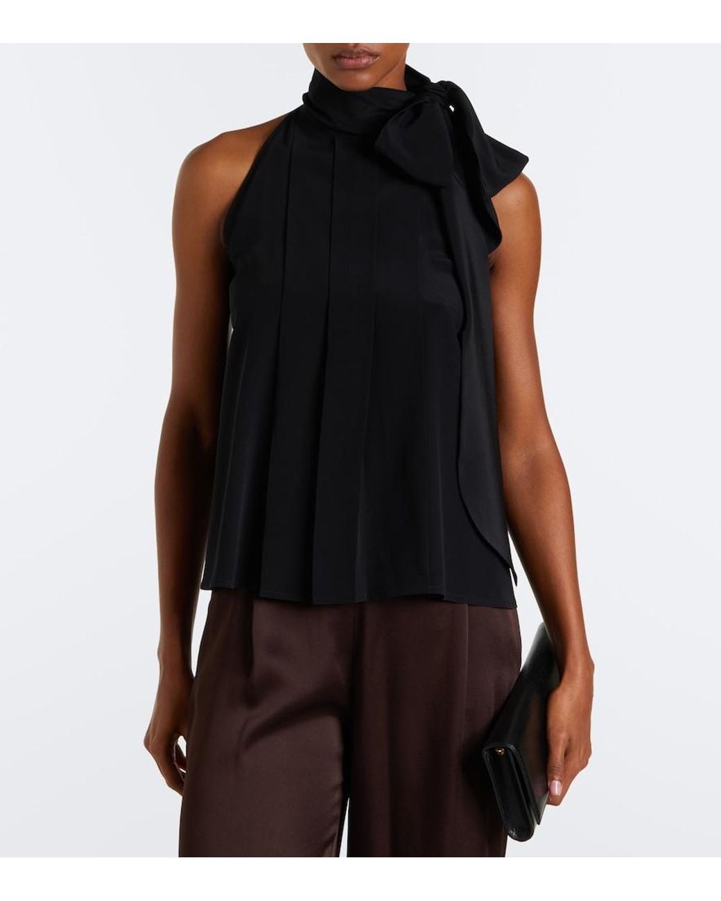 Max Mara Black Pleated Tie-Neck Silk Crepe De Chine Top