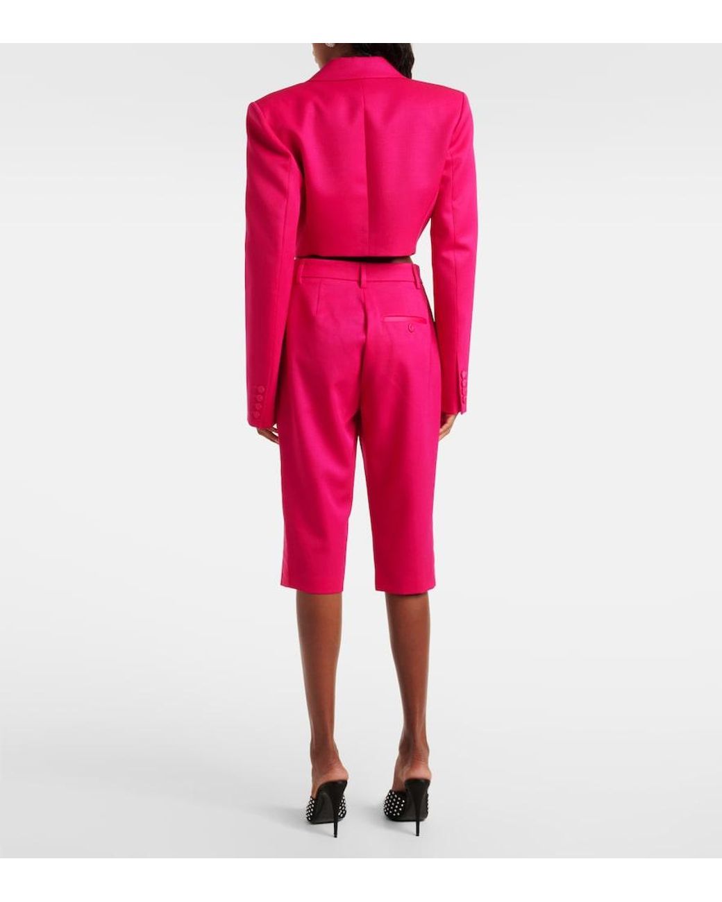 Area Pink Floral-Applique Cropped Wool Blazer