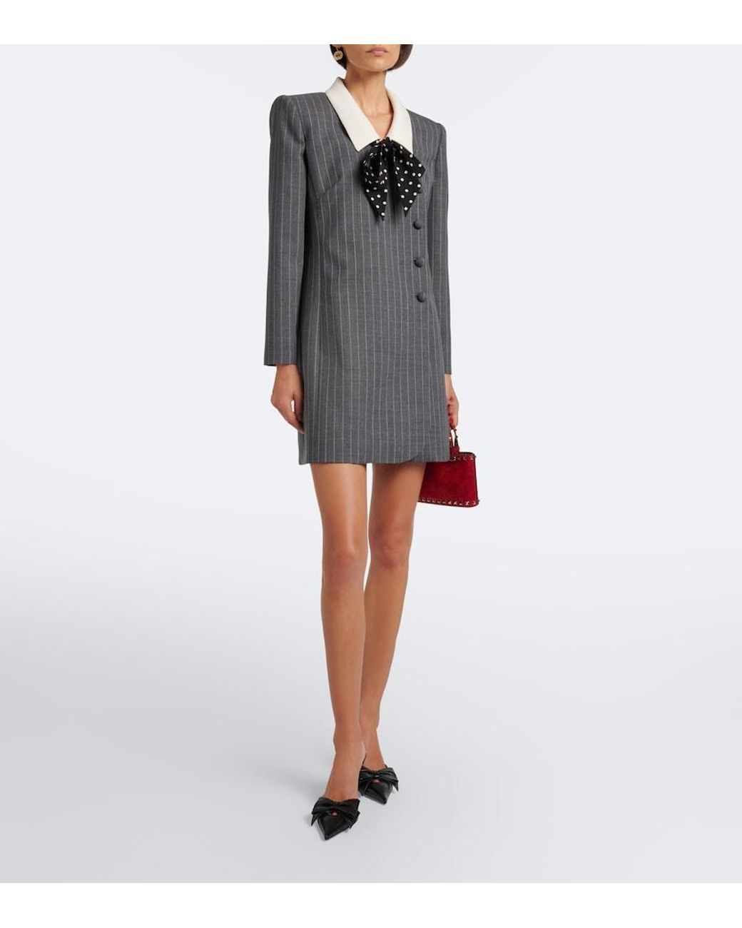 Valentino Garavani Black Bow-Detail Pinstripe Virgin Wool Blazer Dress