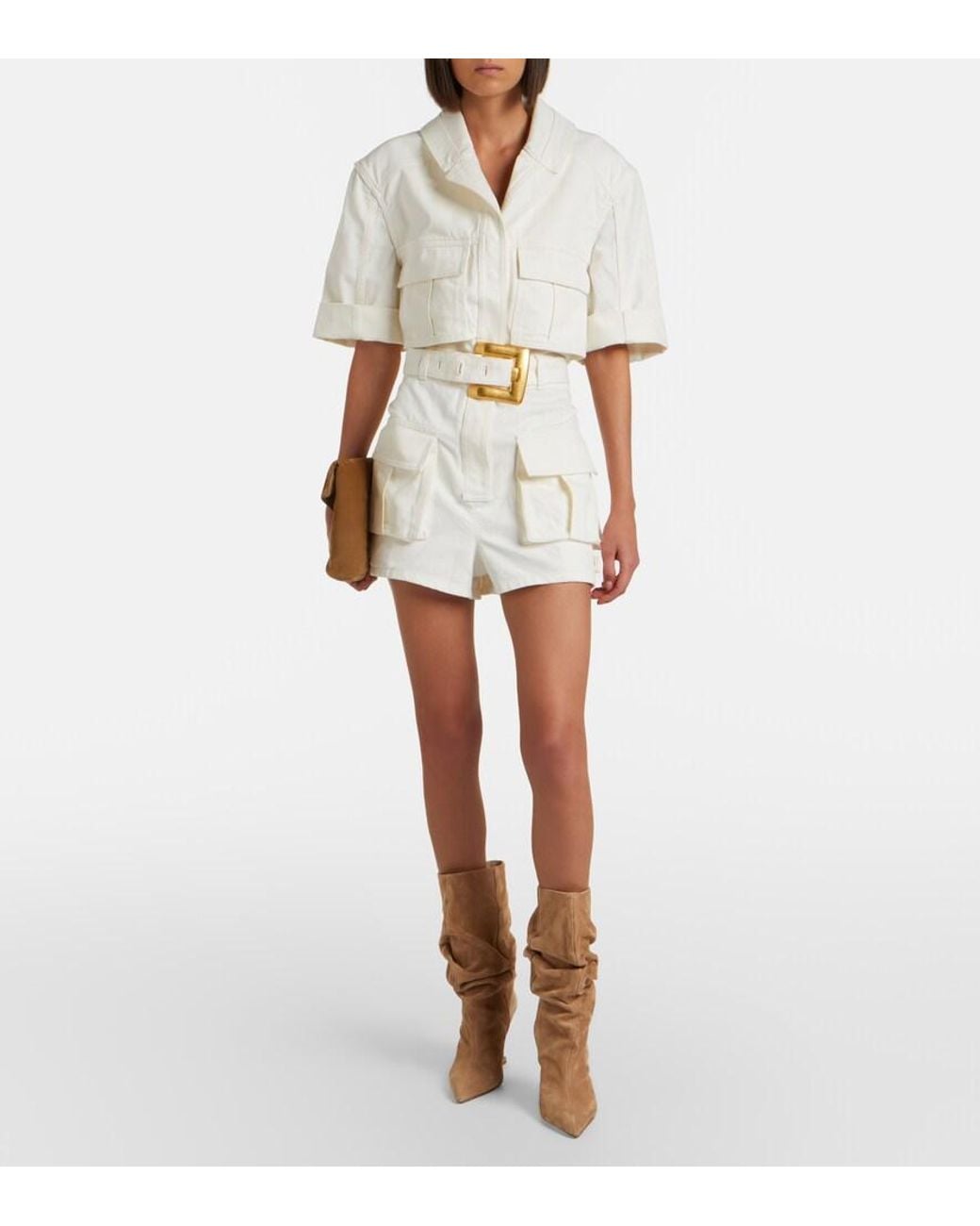 Balmain White Belted Denim Romper
