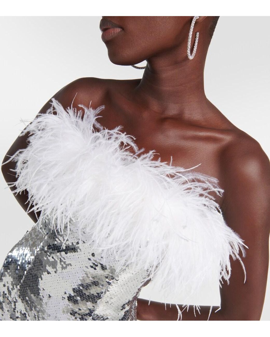 Self-Portrait Gray Feather-Trimmed Sequined Minidress