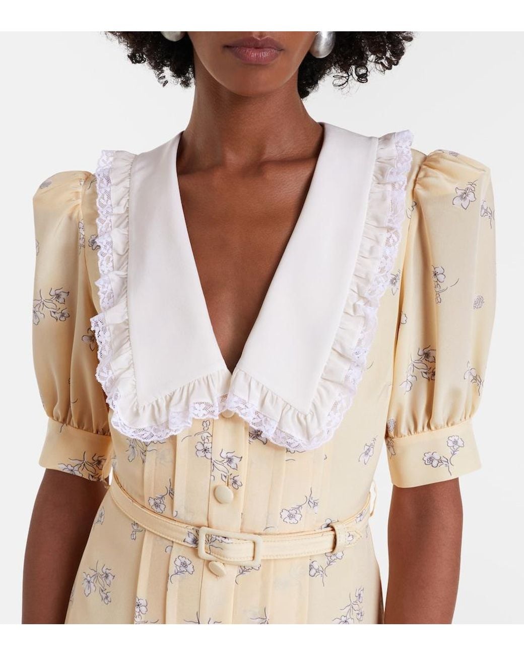 Alessandra Rich Metallic Lace-Trimmed Floral Silk Shirt Dress