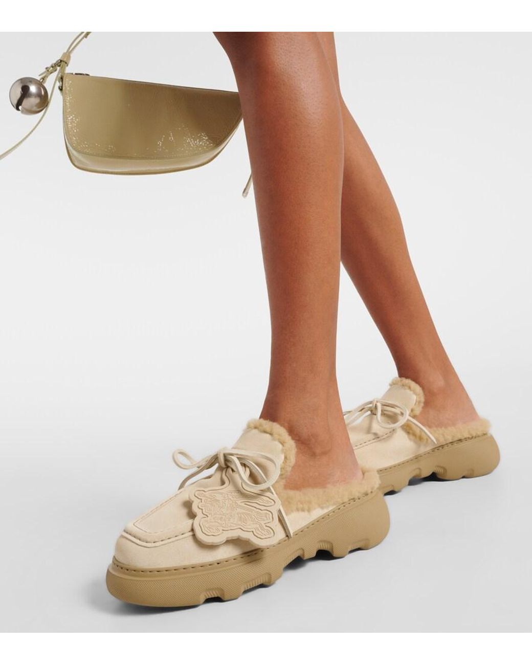 Burberry White Ekd Shearling-Lined Suede Mules