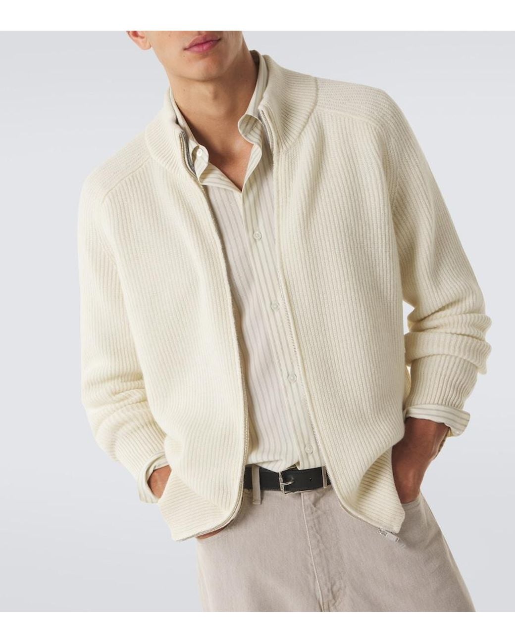 Lardini White Ribbed-Knit Wool And Cashmere Zip-Up Cardigan for men