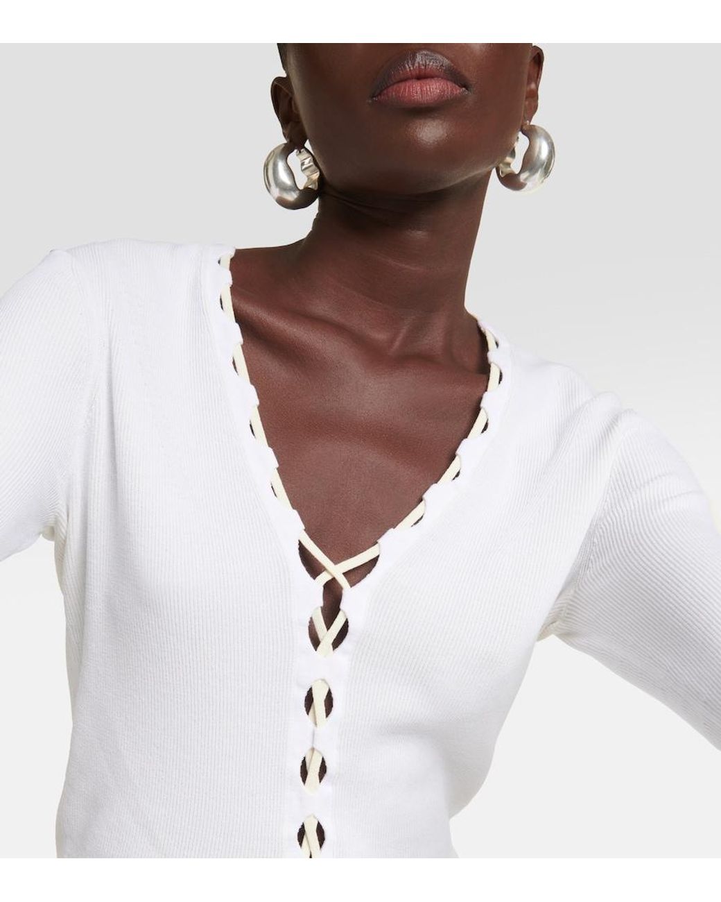 Dion Lee White Lace-Up Ribbed-Knit Cotton Cardigan