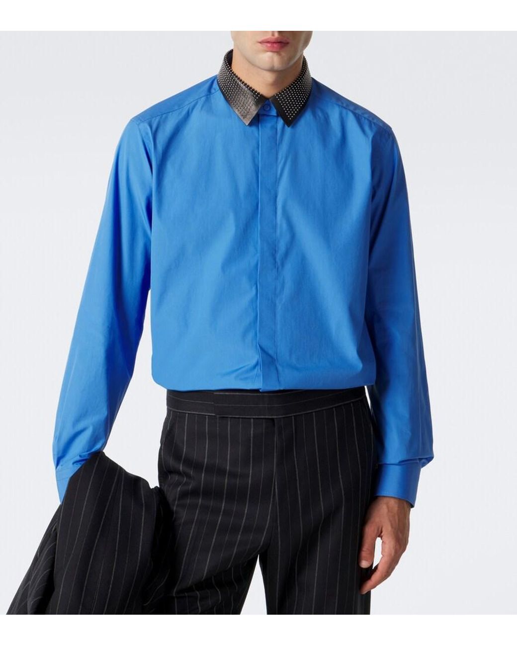 Tom Ford Blue Leather-Trimmed Studded Cotton Poplin Shirt for men