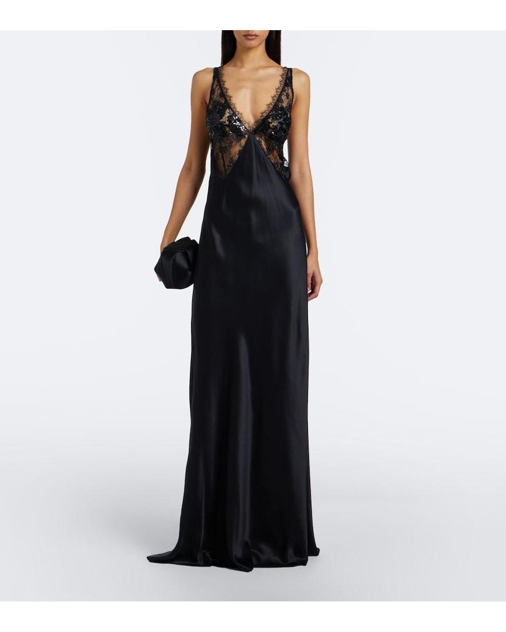 The Sei Black Sequined Lace-Trimmed Silk Satin Gown