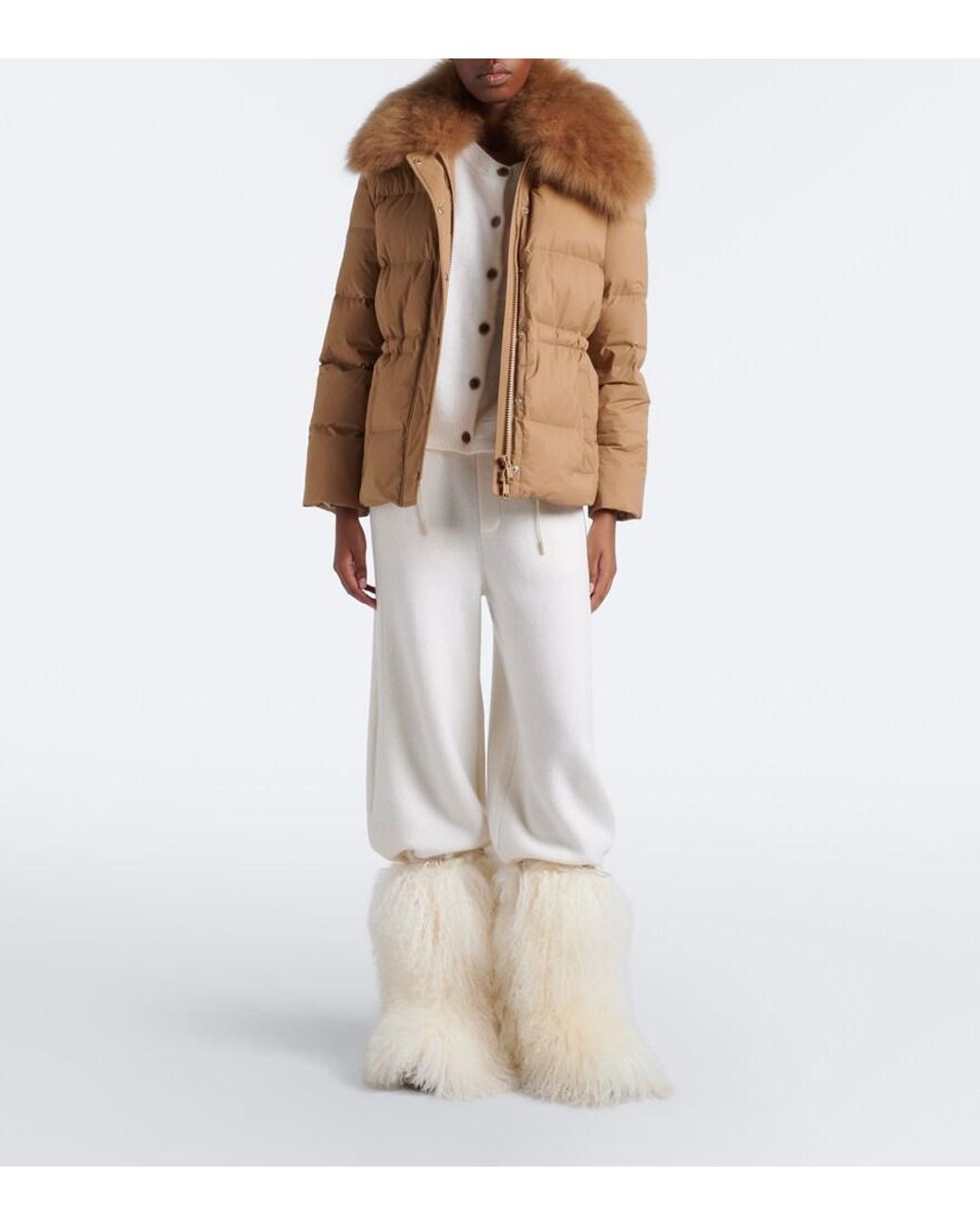 Yves Salomon White Leather-Trimmed Shearling Mid-Calf Boots