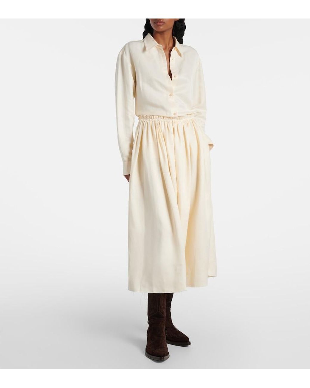 Gabriela Hearst White Chiara Gathered Linen Midi Skirt