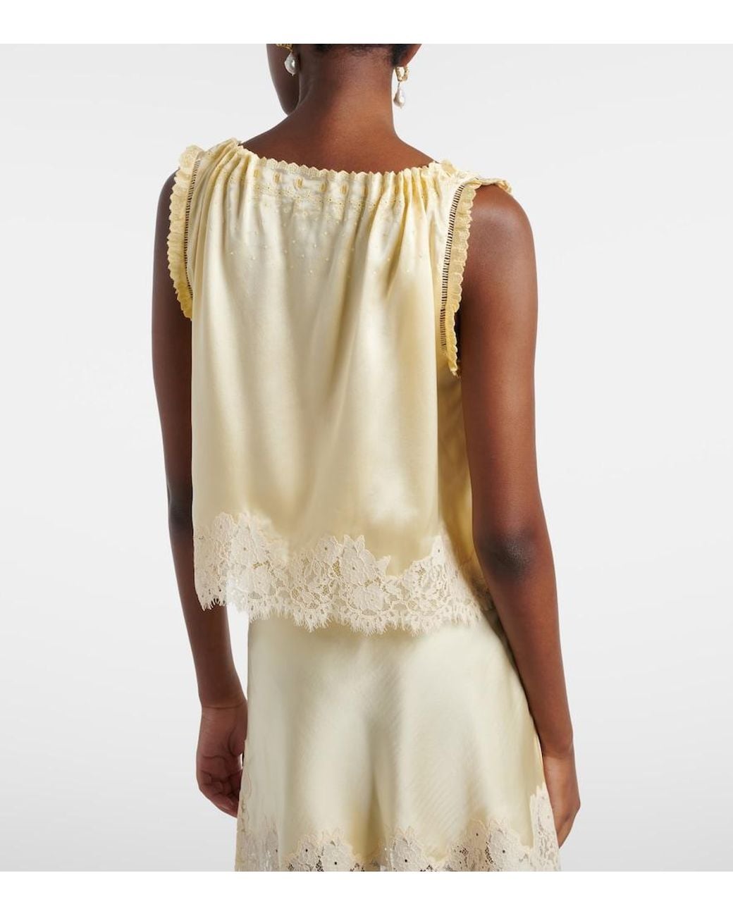 Doen Natural Toulouse Lace-Trimmed Embroidered Silk Top