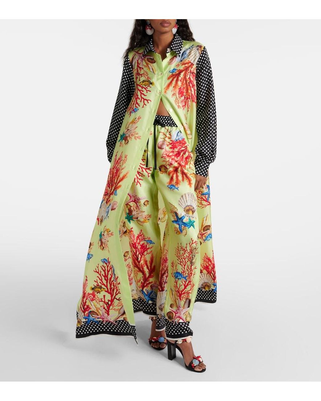 Dolce & Gabbana Green Capri Printed Silk Satin Shirt Dress