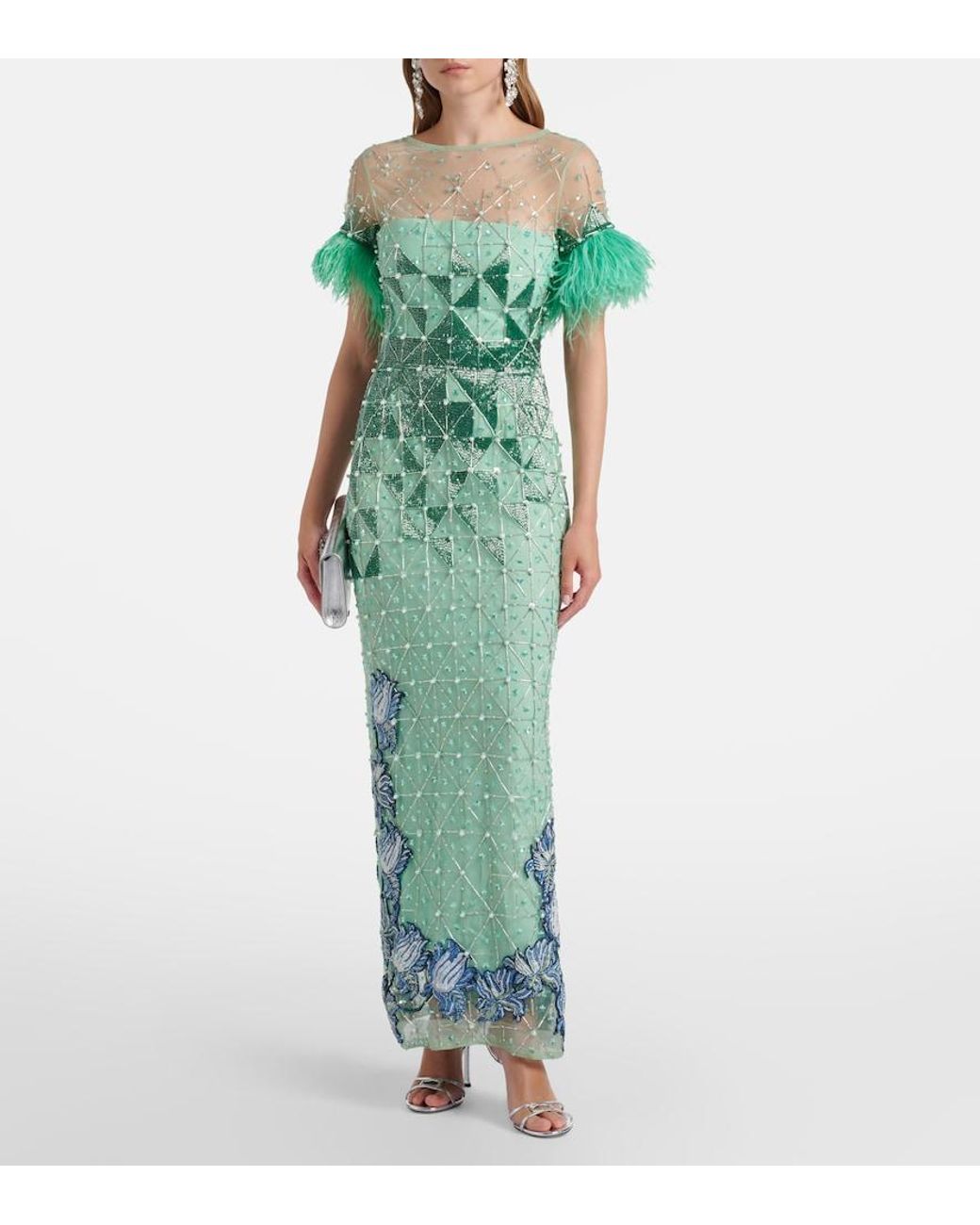 La Fuori Green Embellished Feather-Trimmed Gown