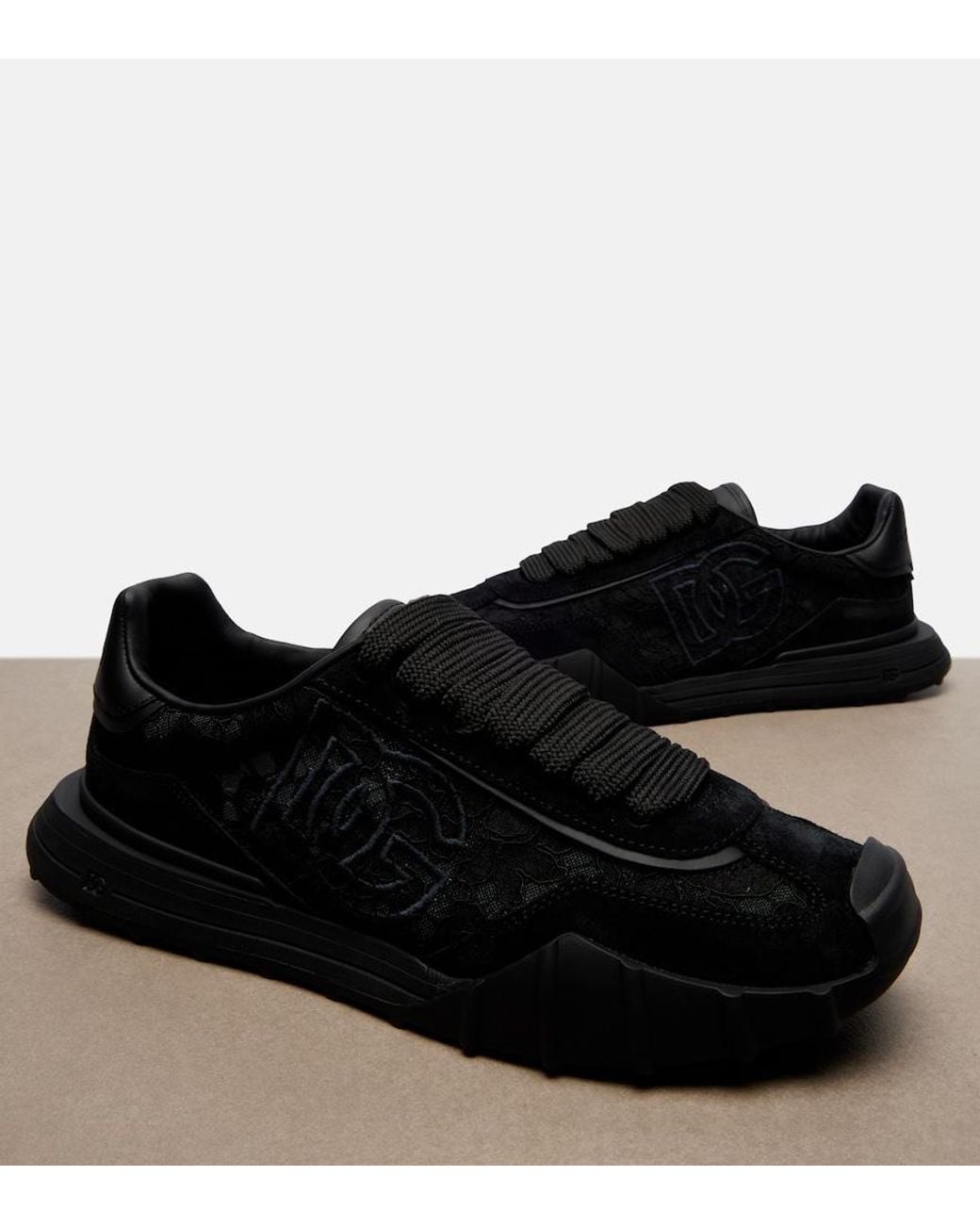 Dolce & Gabbana Black Runner Leather-Trimmed Lace Sneakers