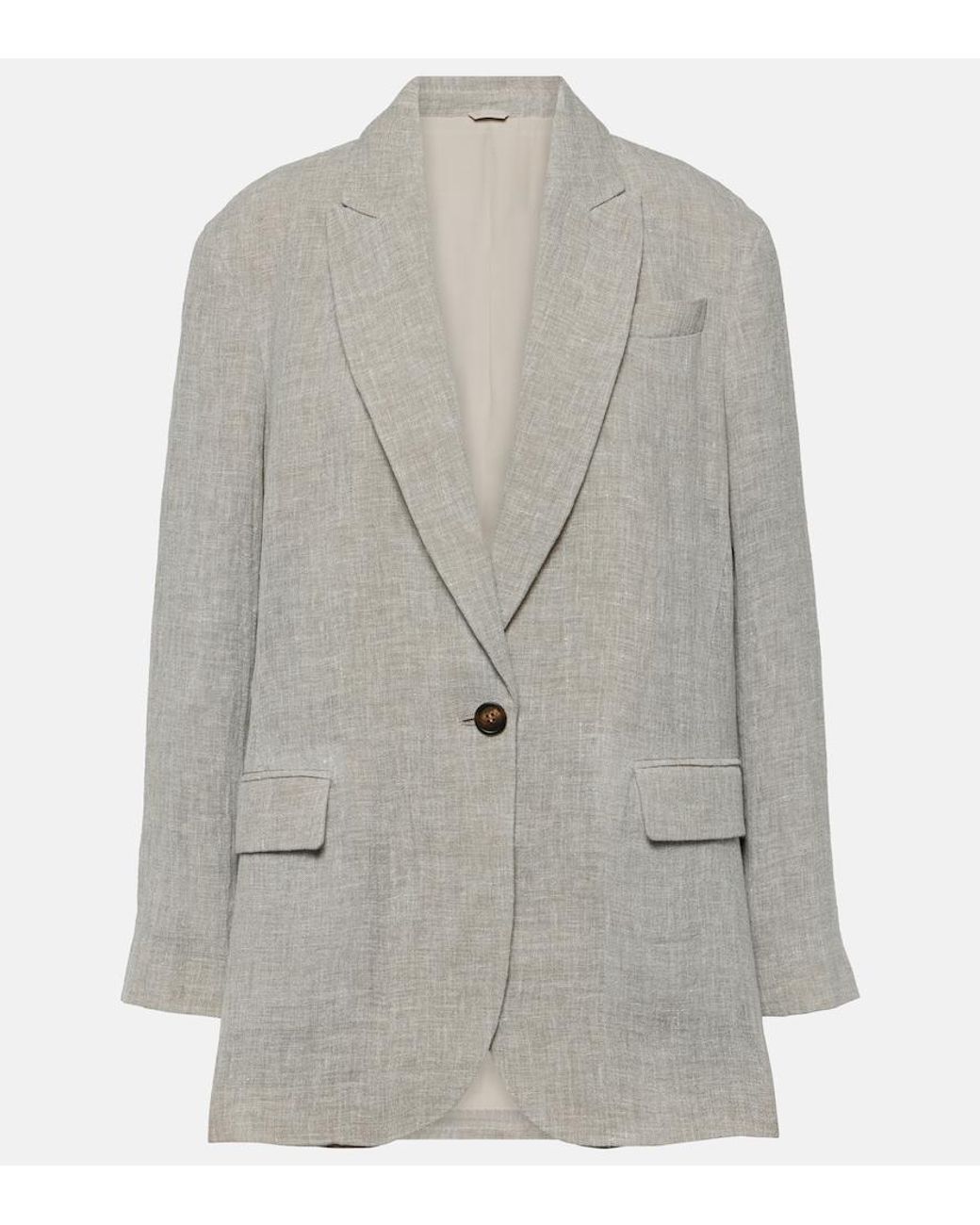 Brunello Cucinelli Gray Oversized V-Neck Linen-Blend Blazer