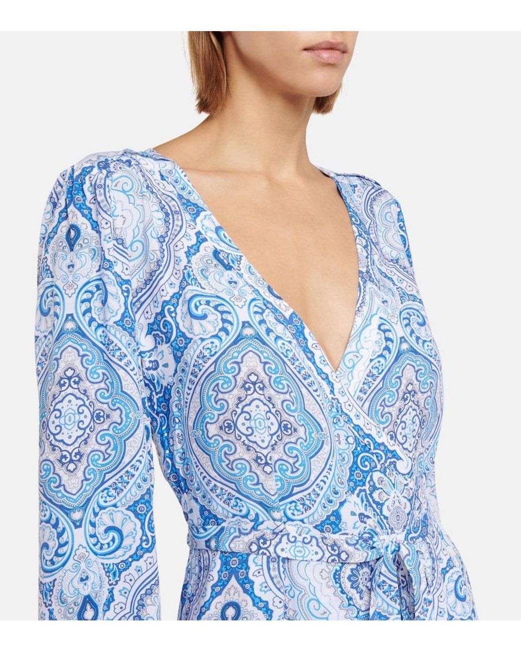 Melissa Odabash Blue Taylor Printed Wrap Midi Dress