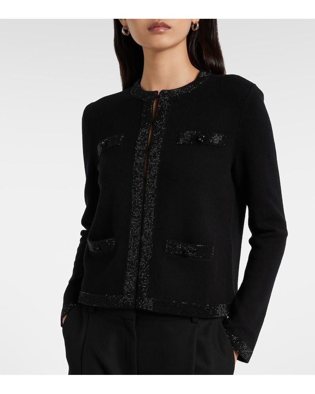 Tory Burch Black Embellished Wool-Blend Cardigan