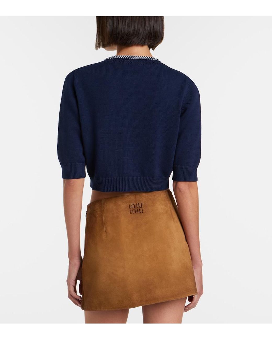 Miu Miu Blue Logo Cropped Cotton Cardigan