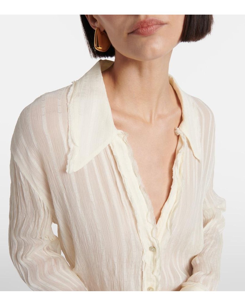 Vince White Ruffled Striped Semi-Sheer Shirt